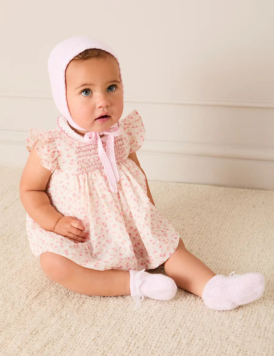 Martha Floral Hand Smocked Cap Sleeve Scallop Collar Dress in Pink (1-9mths) Dresses from Pepa London