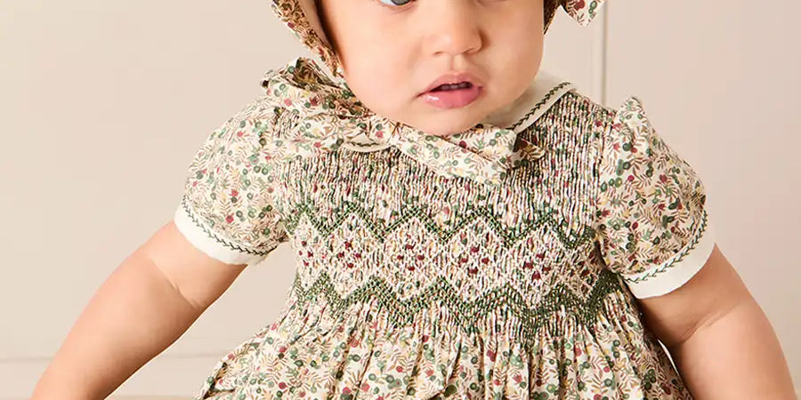 Evelyn Floral Hand Smocked Romper in Green (6mths-3yrs) Rompers from Pepa London