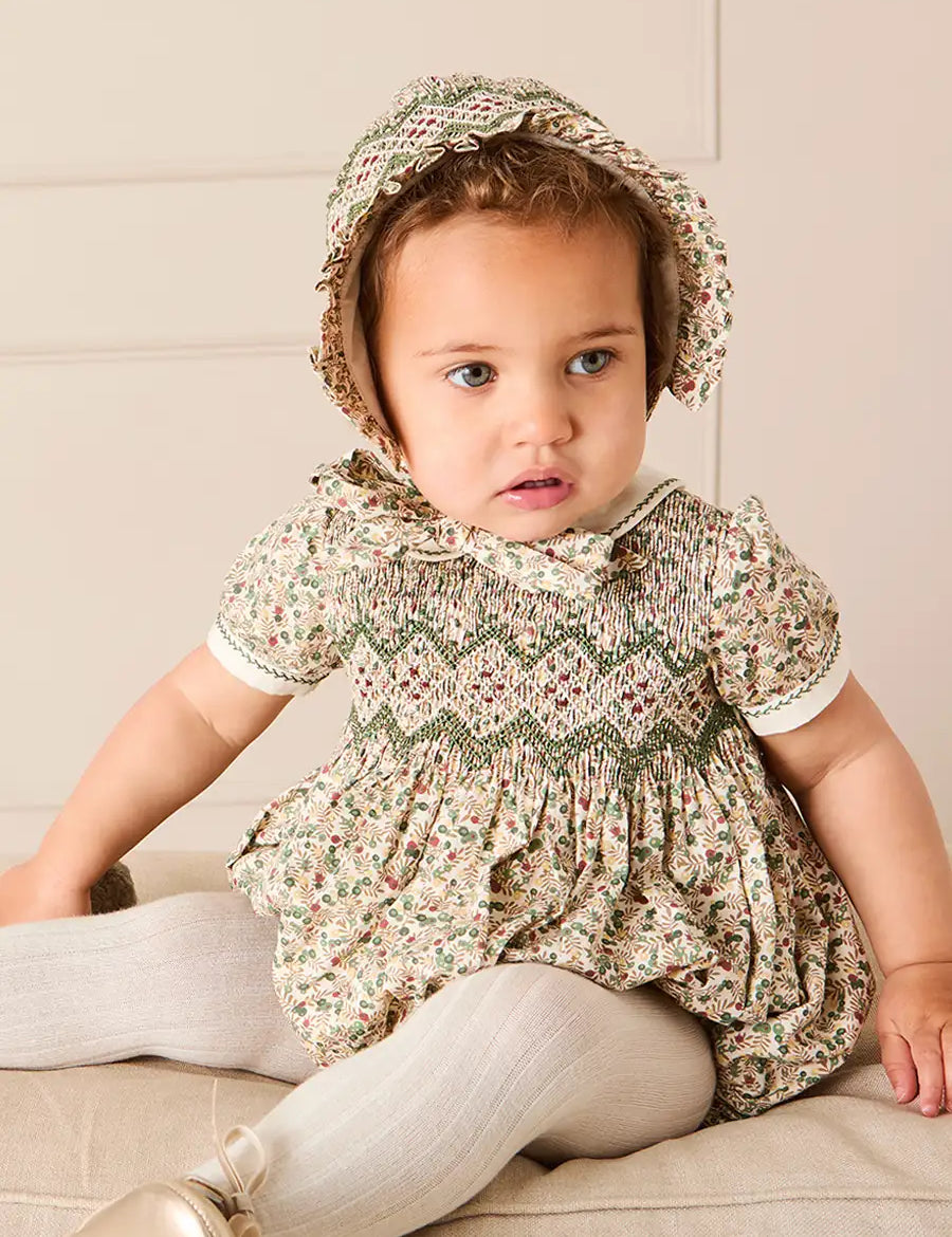 Evelyn Floral Hand Smocked Bonnet in Green (S-L) Knitted Accessories from Pepa London