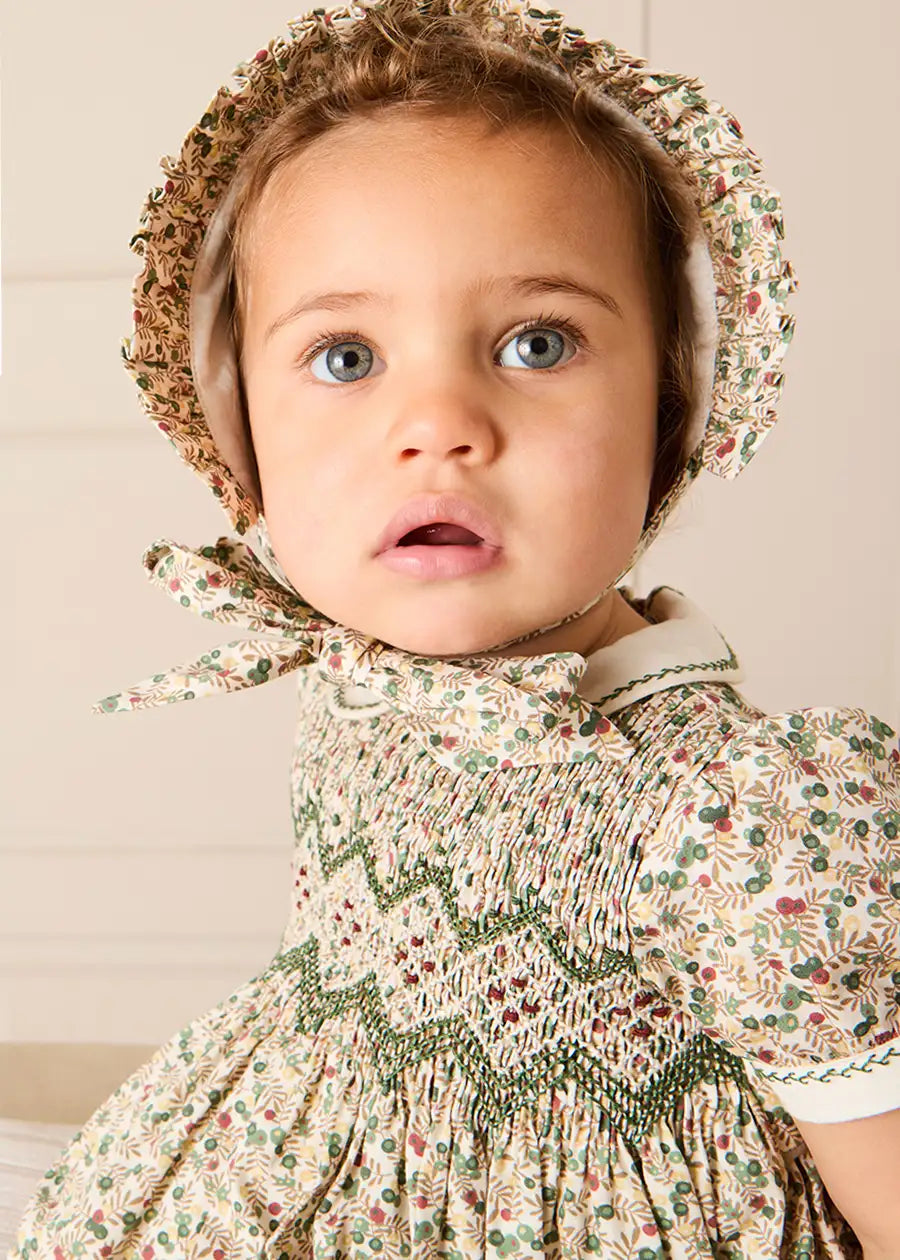 Evelyn Floral Hand Smocked Romper in Green (6mths-3yrs) Rompers from Pepa London