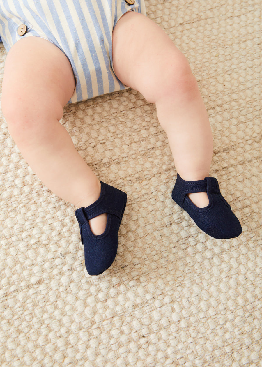 Woven T-Bar Pram Shoes in Navy (17-20EU) Shoes  from Pepa London