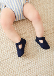 Woven T-Bar Pram Shoes in Navy (17-20EU) Shoes  from Pepa London