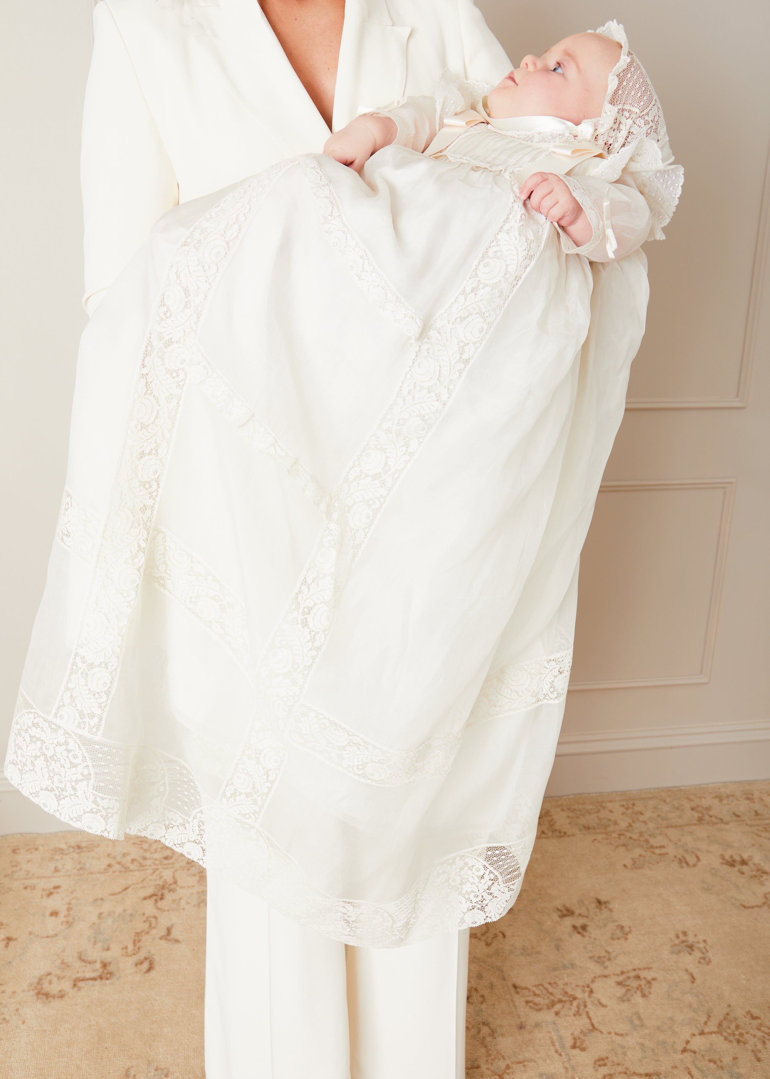 Bespoke Organza Silk Christening Gown With Antique Lace and Bonnet Made to order  from Pepa London