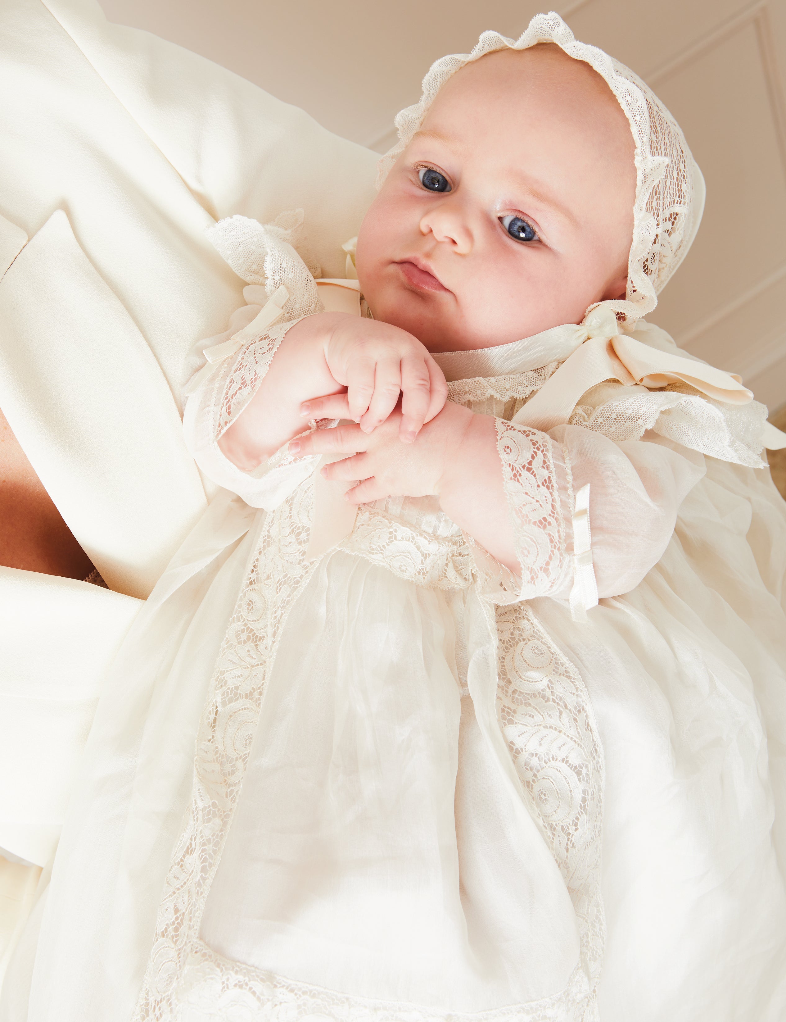 Bespoke Organza Silk Christening Gown With Antique Lace and Bonnet Made to order  from Pepa London