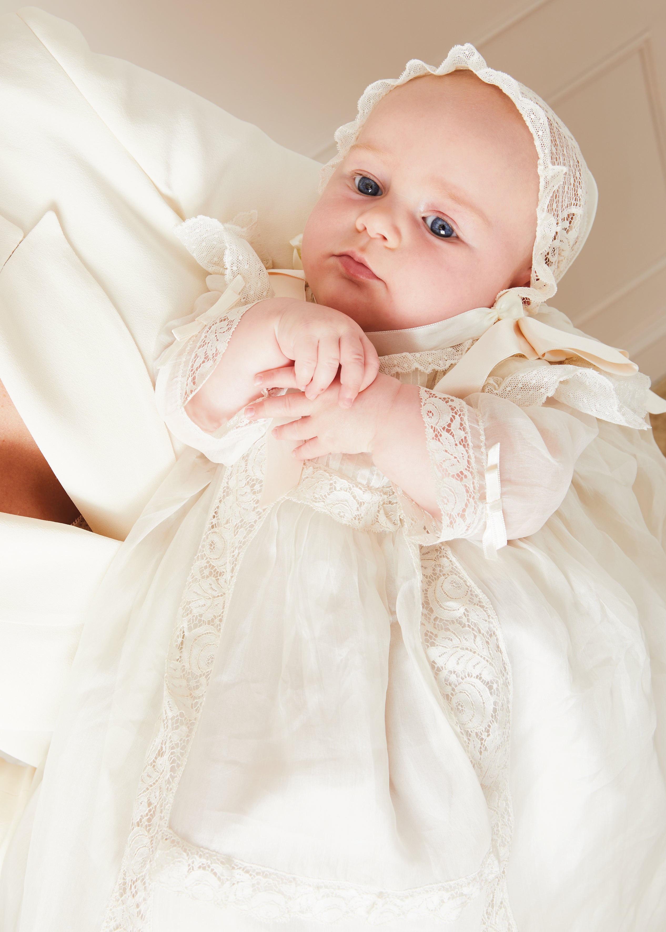 Bespoke Organza Silk Christening Gown With Antique Lace and Bonnet Made to order  from Pepa London