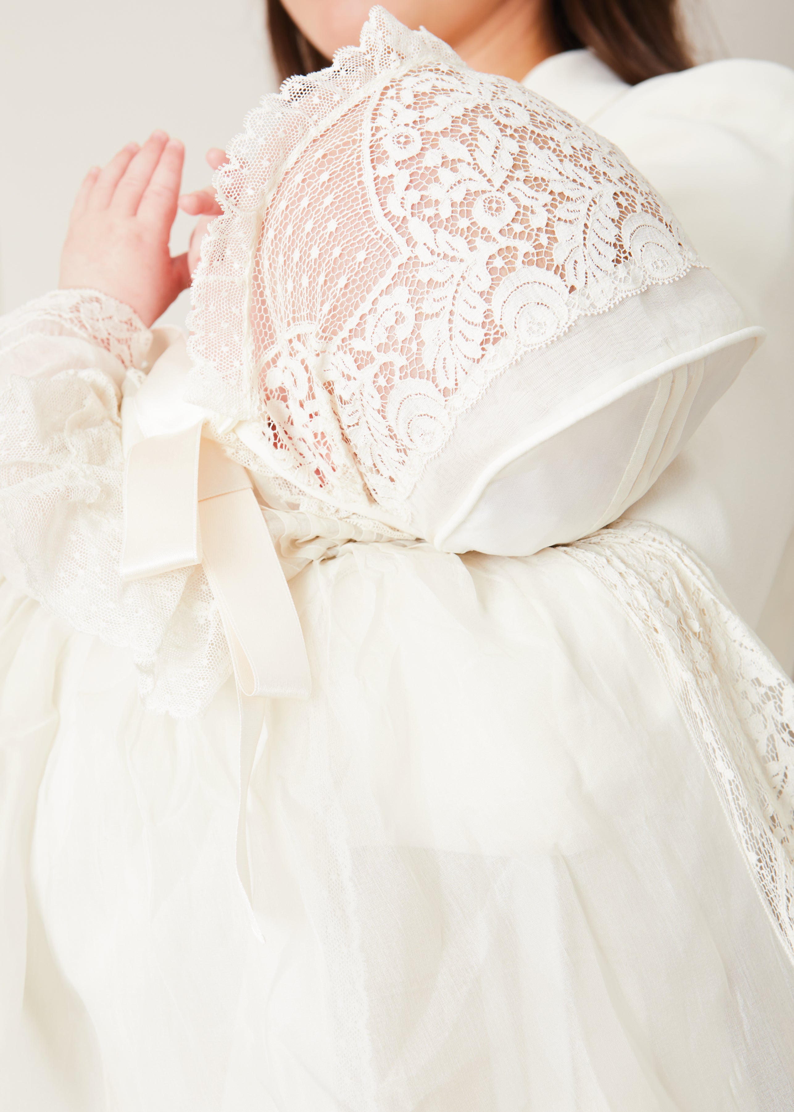 Bespoke Organza Silk Christening Gown With Antique Lace and Bonnet MADE TO ORDER from Pepa London
