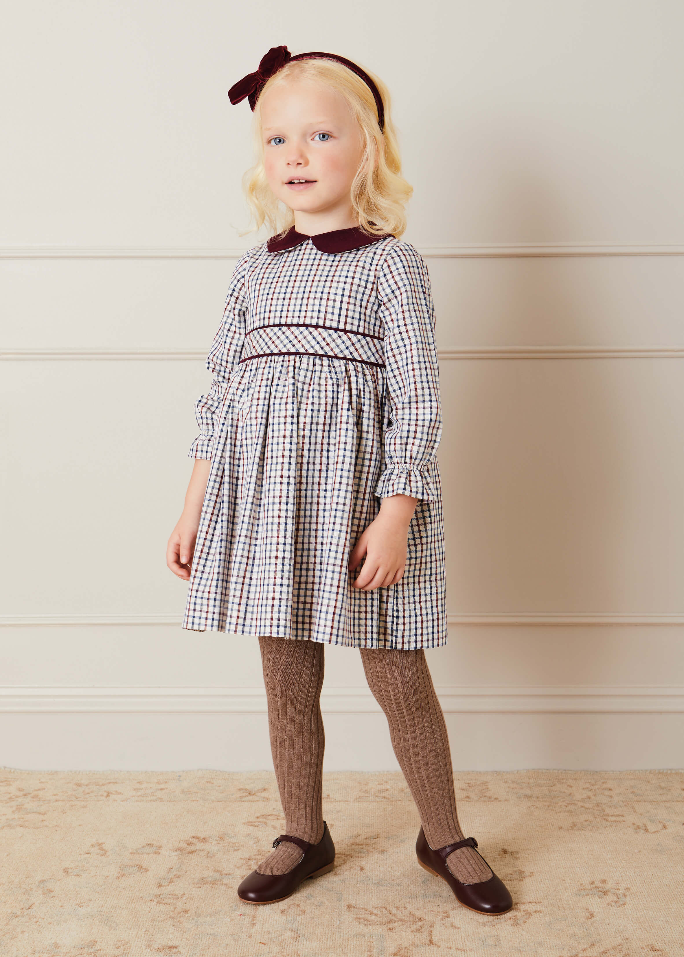 Ebury Check Peter Pan Collar Belted Dress In Beige (2-10yrs) DRESSES from Pepa London