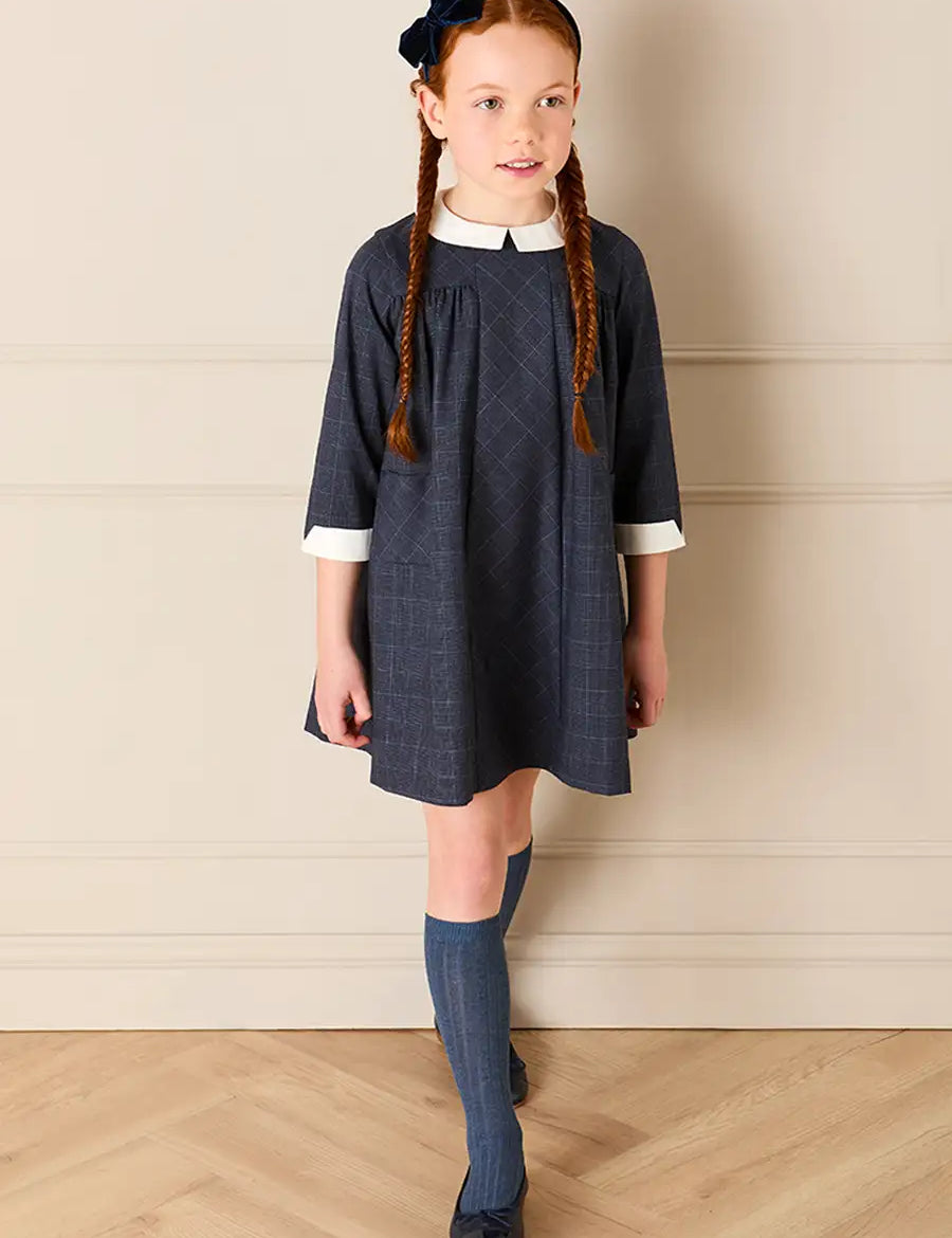 Fitzroy Check Oxford Collar Long Sleeve Dress in Navy (18mths-10yrs) Dresses from Pepa London