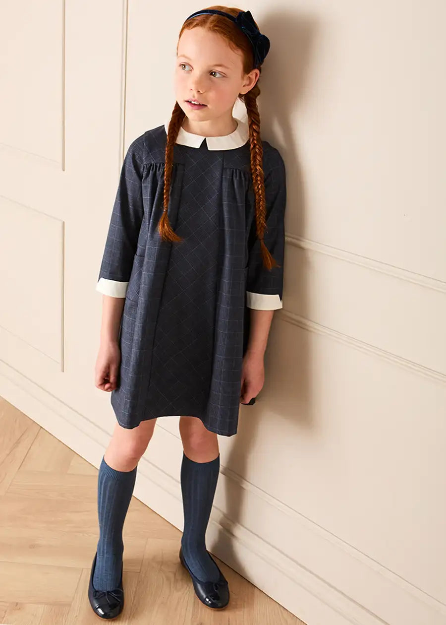 Fitzroy Check Oxford Collar Long Sleeve Dress in Navy (18mths-10yrs) Dresses from Pepa London