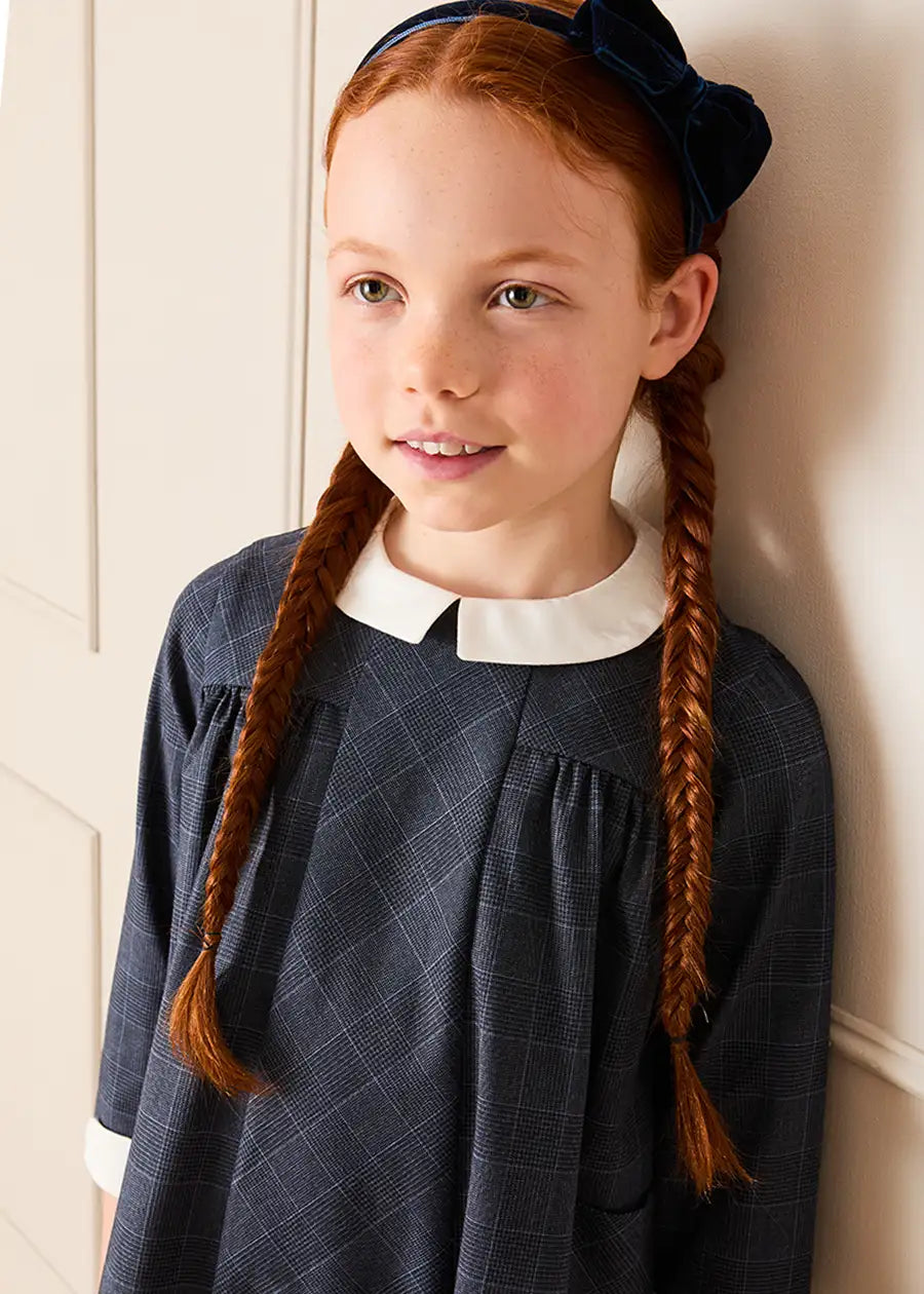 Fitzroy Check Oxford Collar Long Sleeve Dress in Navy (18mths-10yrs) Dresses from Pepa London
