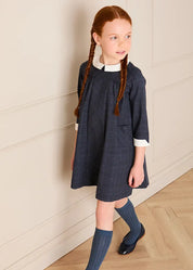 Fitzroy Check Oxford Collar Long Sleeve Dress in Navy (18mths-10yrs) Dresses from Pepa London