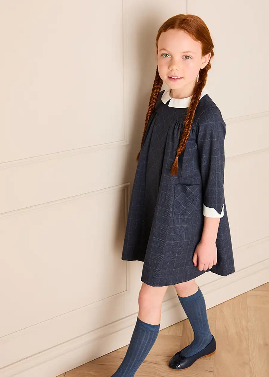 Fitzroy Check Oxford Collar Long Sleeve Dress in Navy (18mths-10yrs) Dresses from Pepa London