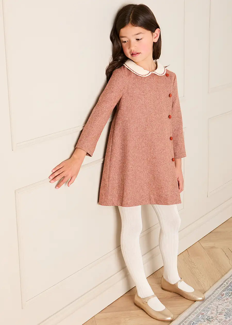 Plain Long Sleeve Embroidered Collar Dress in Dusty Rose Pink (18mths-10yrs) Dresses from Pepa London