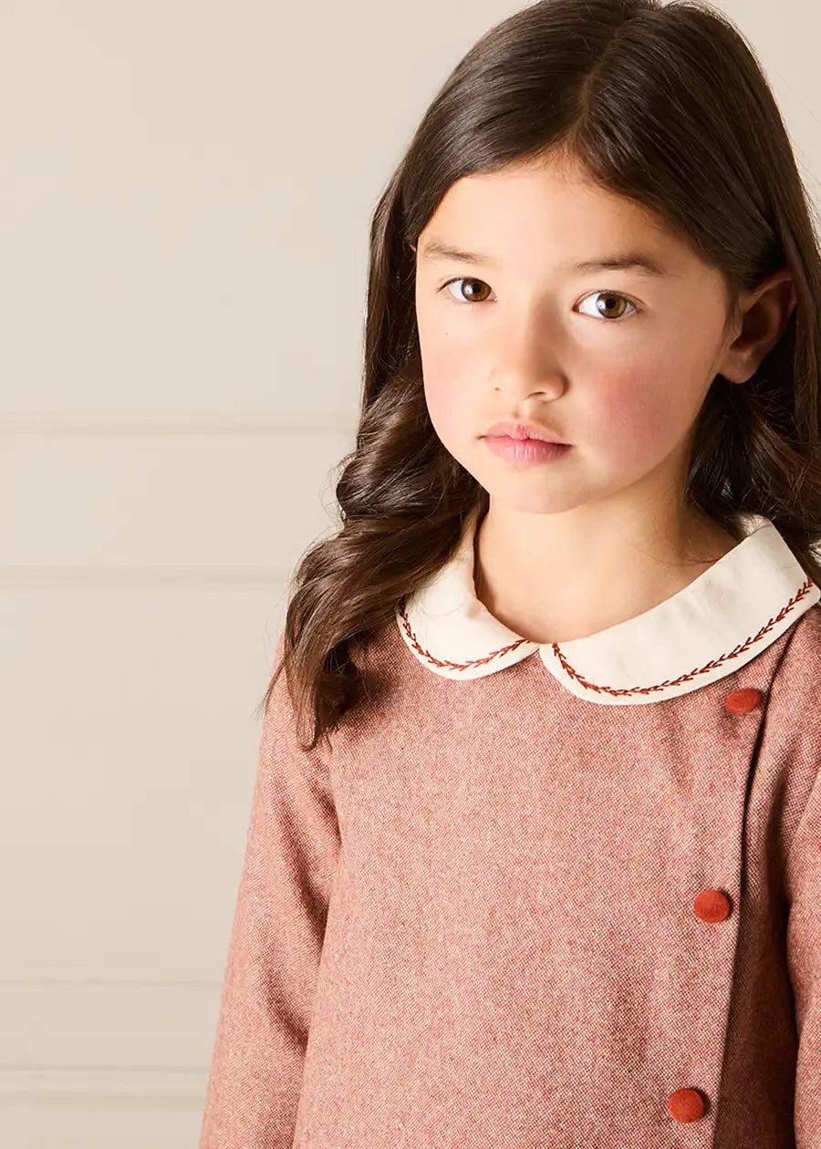 Plain Long Sleeve Embroidered Collar Dress in Dusty Rose Pink (18mths-10yrs) Dresses from Pepa London