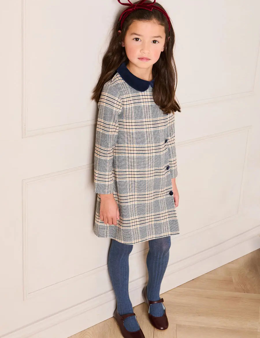 Walcott Check Long Sleeve Velvet Collar Dress in Navy (18mths-12yrs) Dresses from Pepa London