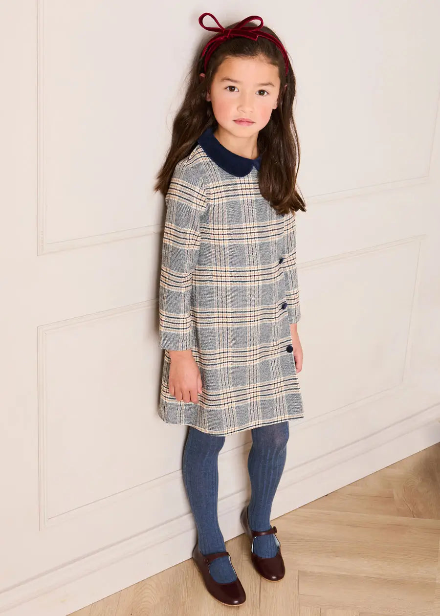 Walcott Check Long Sleeve Velvet Collar Dress in Navy (18mths-12yrs) Dresses from Pepa London