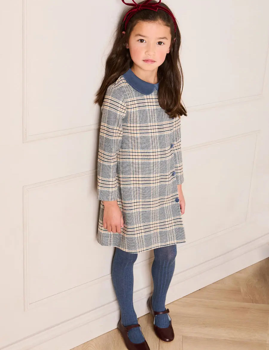 Walcott Check Long Sleeve Velvet Collar Dress in Navy (18mths-12yrs) Dresses from Pepa London
