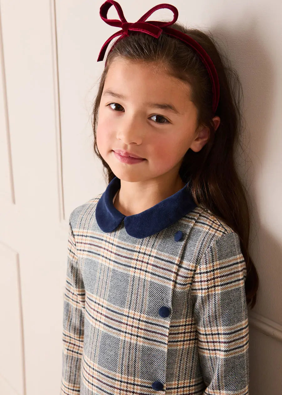 Walcott Check Long Sleeve Velvet Collar Dress in Navy (18mths-12yrs) Dresses from Pepa London