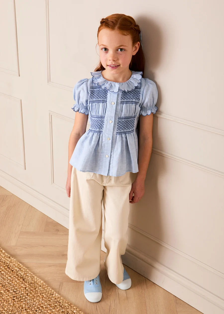 Smocked Peplum Scallop Collar Blouse in Blue (2-12yrs) Blouses from Pepa London