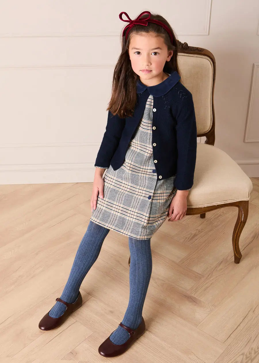 Walcott Check Long Sleeve Velvet Collar Dress in Navy (18mths-12yrs) Dresses from Pepa London