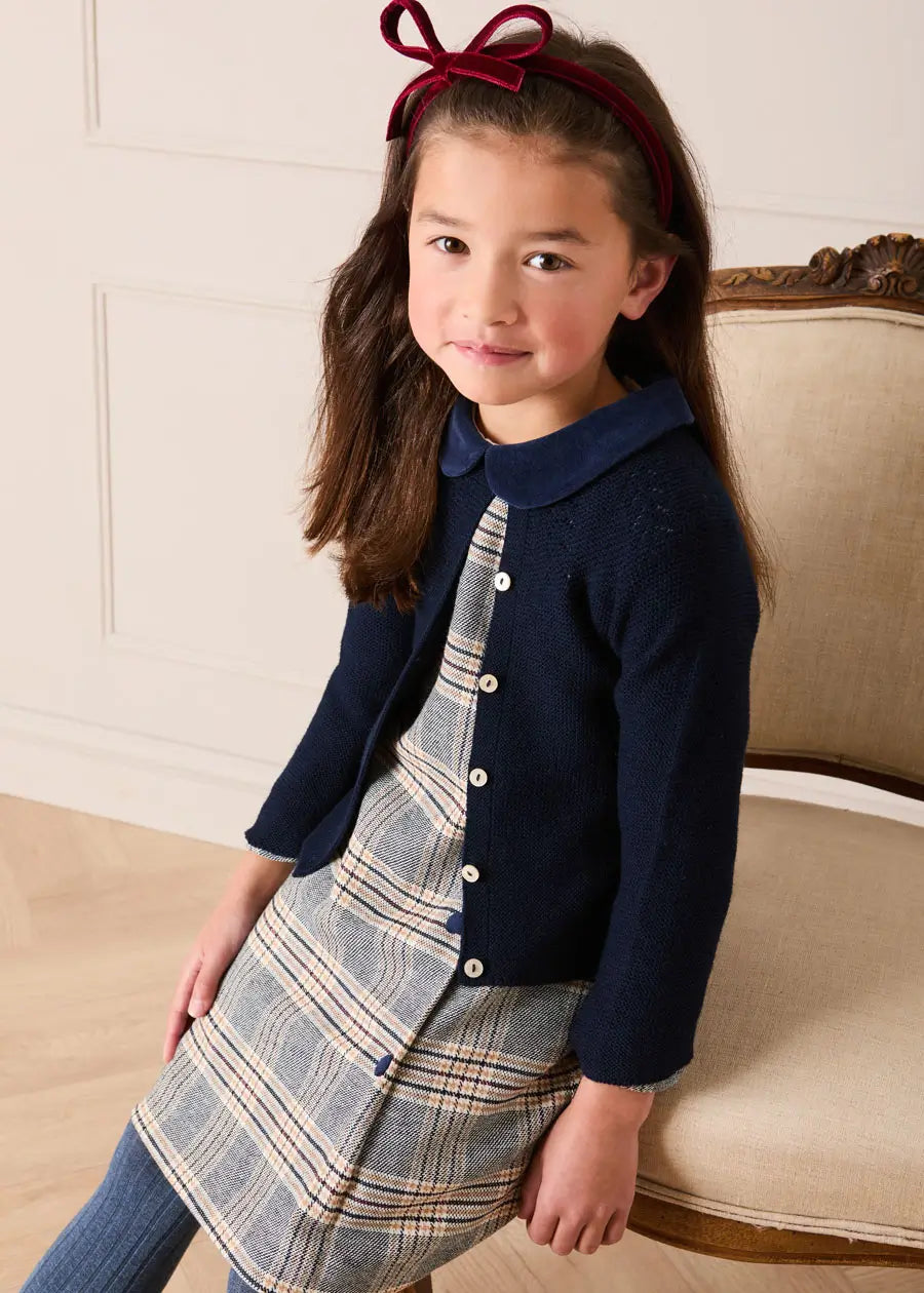 Walcott Check Long Sleeve Velvet Collar Dress in Navy (18mths-12yrs) Dresses from Pepa London