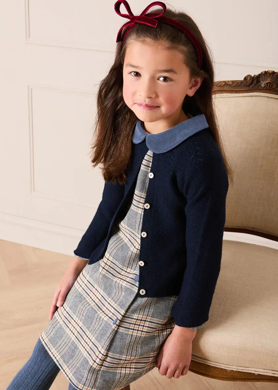 Walcott Check Long Sleeve Velvet Collar Dress in Navy (18mths-12yrs)