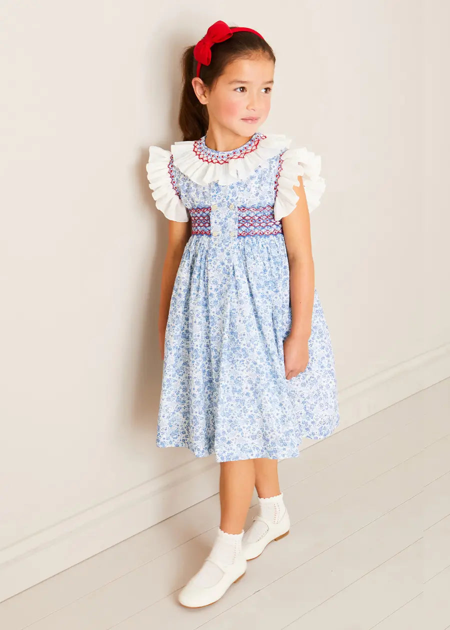 Charlotte Floral Hand Smocked Sleeveless Dress in Blue (12mths-10yrs) DRESSES from Pepa London