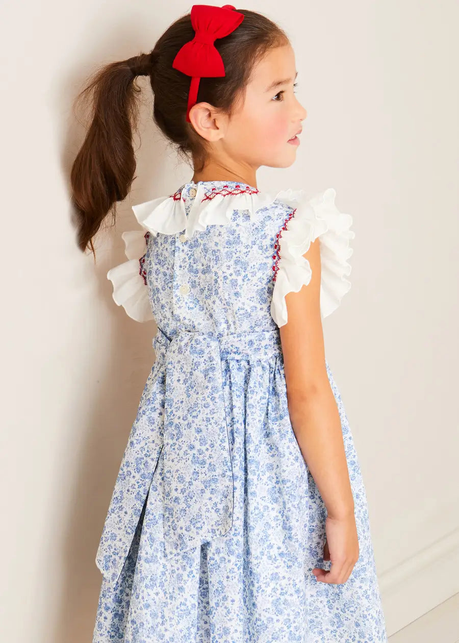Charlotte Floral Hand Smocked Sleeveless Dress in Blue (12mths-10yrs) DRESSES from Pepa London
