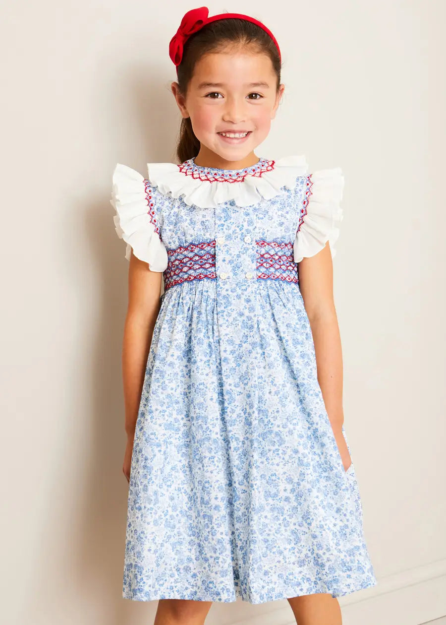 Charlotte Floral Hand Smocked Sleeveless Dress in Blue (12mths-10yrs) DRESSES from Pepa London