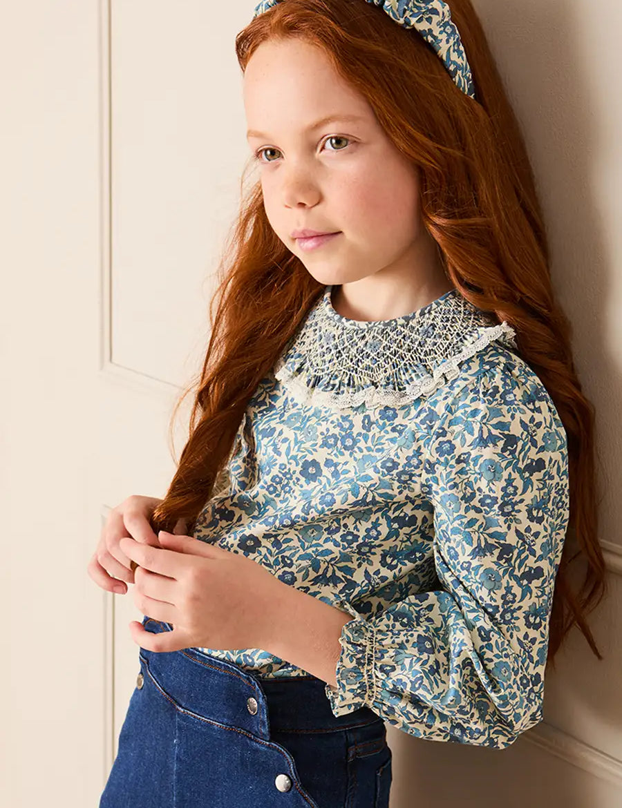 Daphne Floral Hand Smocked Blouse in Blue (18mths-10yrs) Blouses from Pepa London