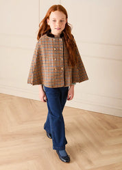 Vincent Check Velvet Collar Gold Button Detail Cape in Brown (2-8yrs)