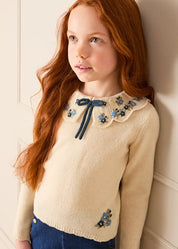 Floral Embroidered Ruffle Collar Knitted Jumper in Cream (2-10yrs) Knitwear from Pepa London