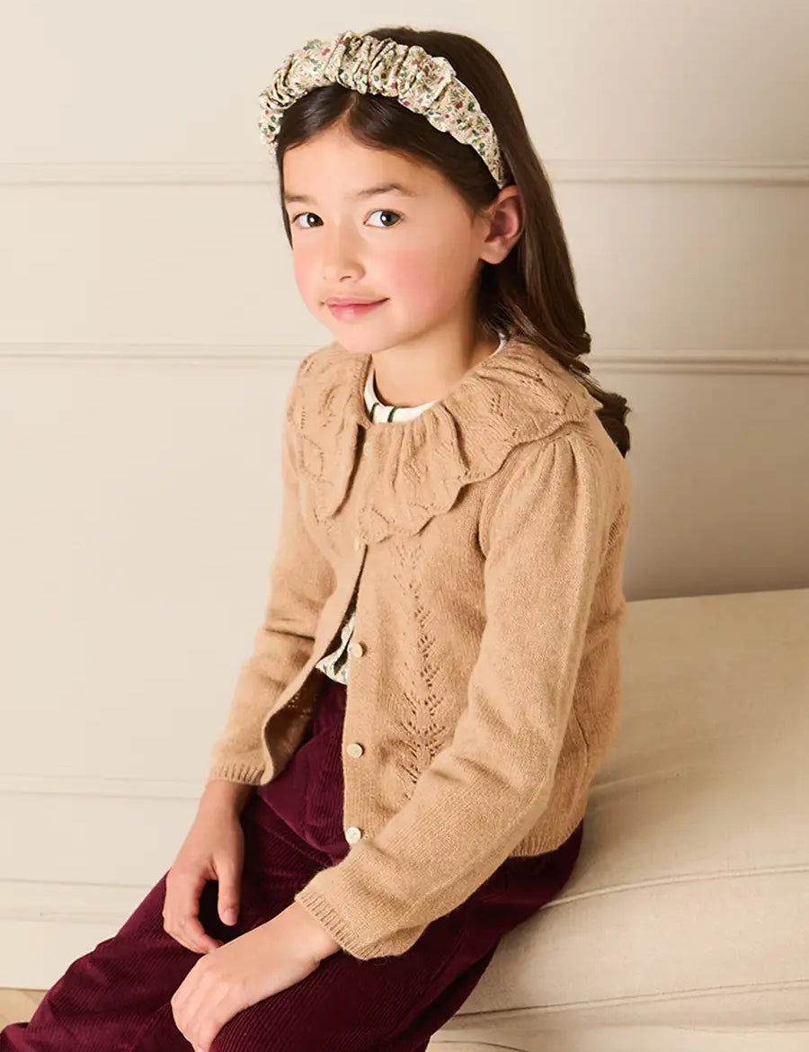Openwork Knitted Ruffle Collar Cardigan in Camel (3-10yrs) Knitwear from Pepa London