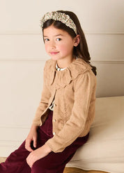 Openwork Knitted Ruffle Collar Cardigan in Camel (3-10yrs) Knitwear from Pepa London