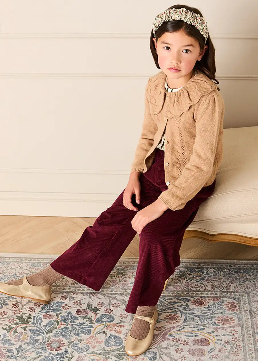 Openwork Knitted Ruffle Collar Cardigan in Camel (3-10yrs) Knitwear from Pepa London