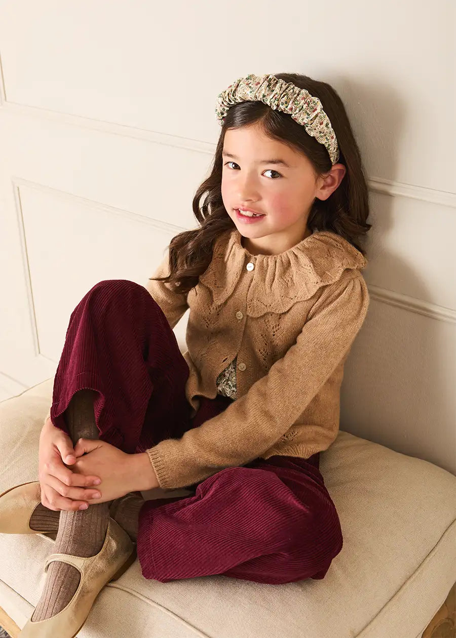 Openwork Knitted Ruffle Collar Cardigan in Camel (3-10yrs) Knitwear from Pepa London