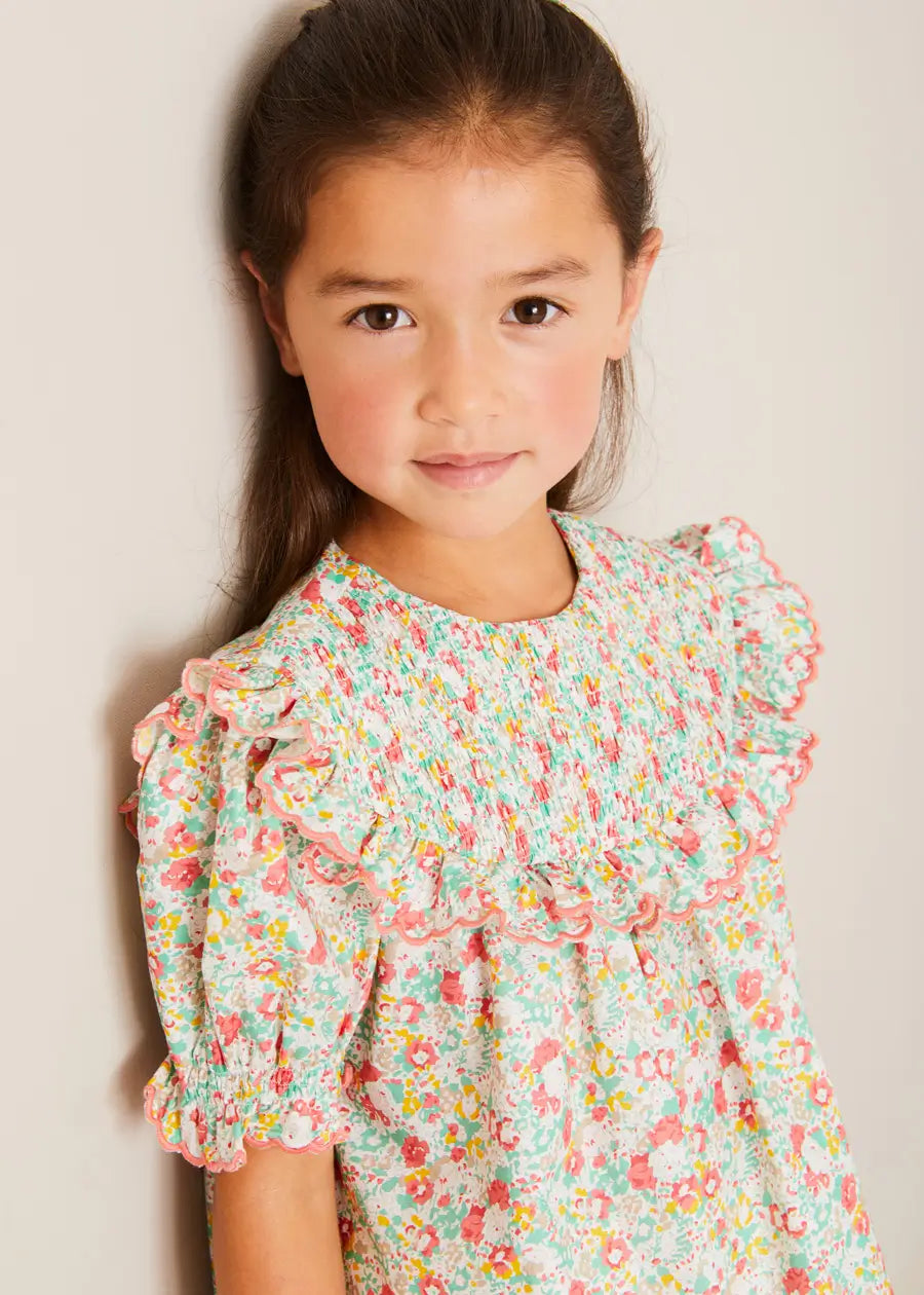 Clementine Floral Smock Detail Short Sleeve Blouse in Coral (2-12yrs) Blouses from Pepa London