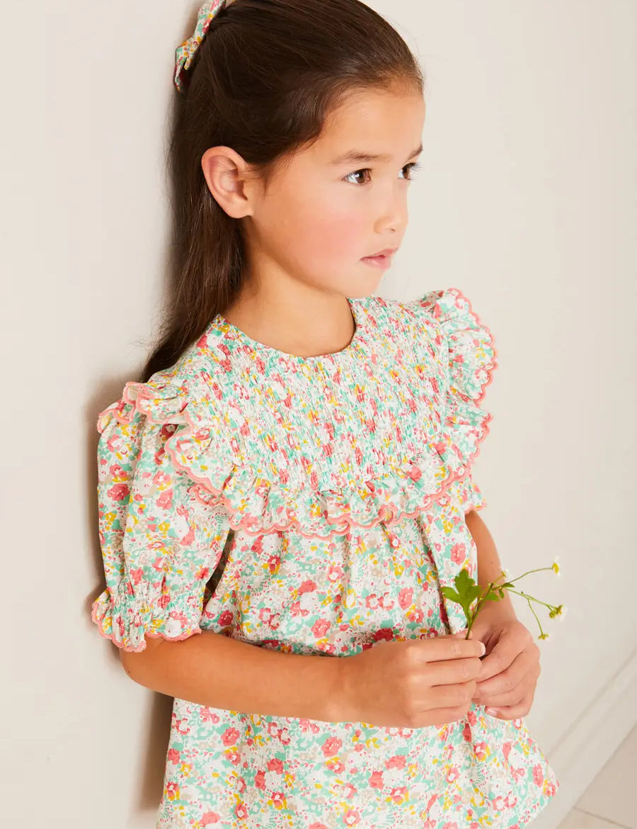 Clementine Floral Smock Detail Short Sleeve Blouse in Coral (2-12yrs) Blouses from Pepa London