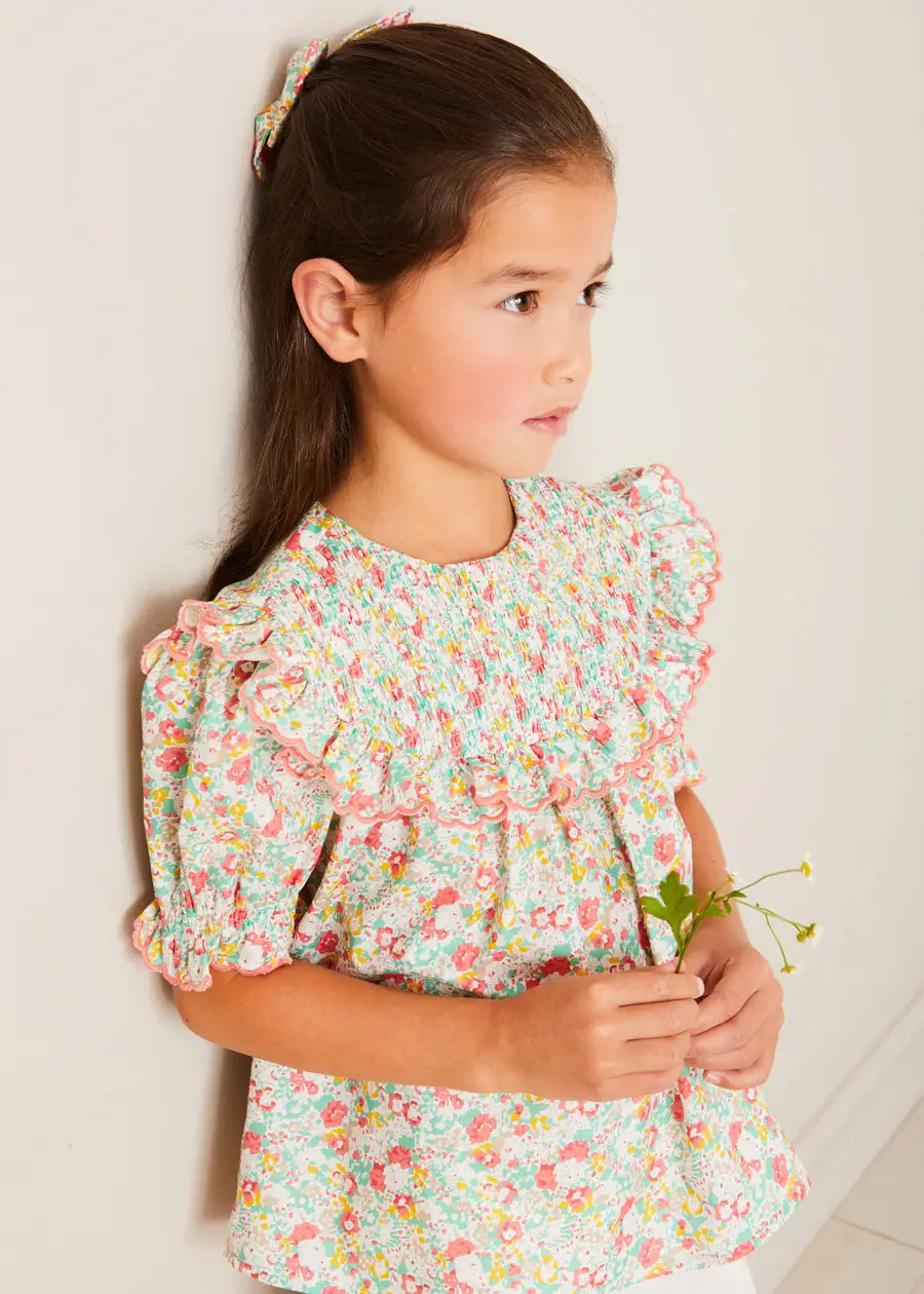 Clementine Floral Smock Detail Short Sleeve Blouse in Coral (2-12yrs) Blouses from Pepa London