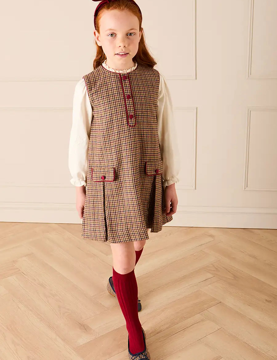 Glenmore Houndstooth Sleeveless Pinafore Dress in Brown (2-10yrs) Dresses from Pepa London