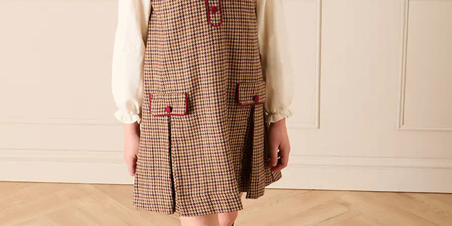 Glenmore Houndstooth Sleeveless Pinafore Dress in Brown (2-10yrs) Dresses from Pepa London