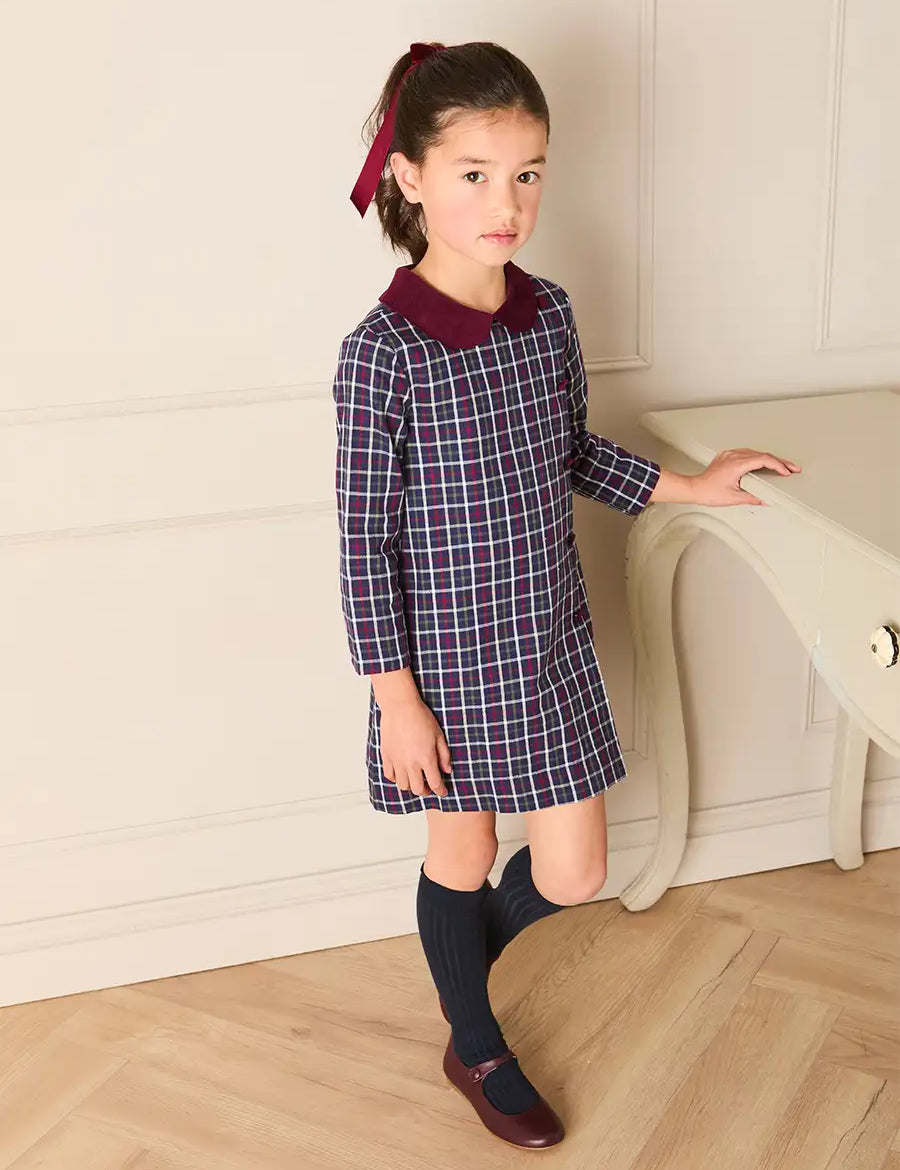Newton Check Long Sleeve Velvet Collar Dress in Navy (18mths-10yrs) Dresses from Pepa London
