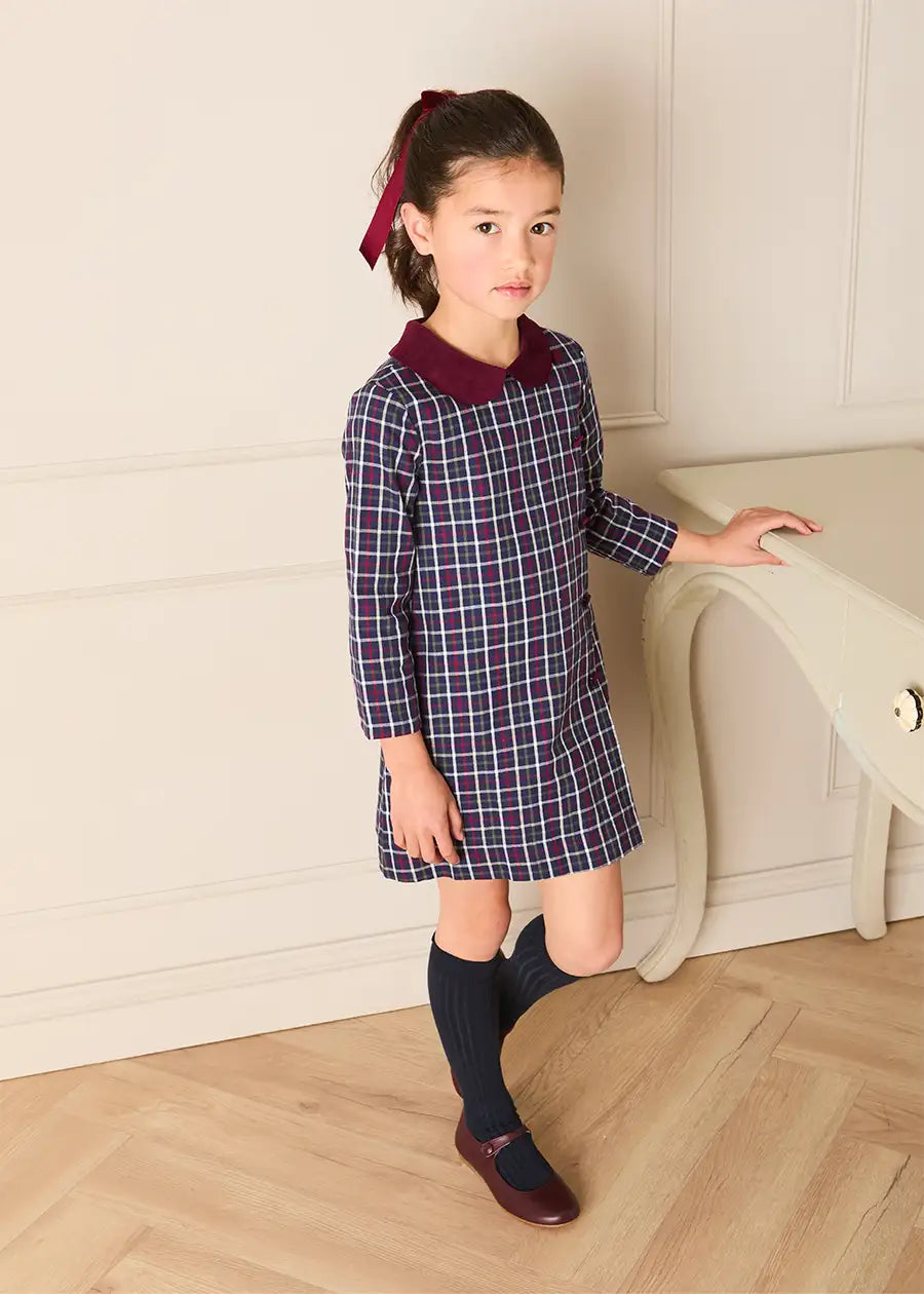 Newton Check Long Sleeve Velvet Collar Dress in Navy (18mths-10yrs) Dresses from Pepa London