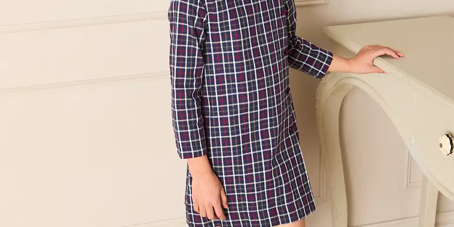 Newton Check Long Sleeve Velvet Collar Dress in Navy (18mths-10yrs) Dresses from Pepa London