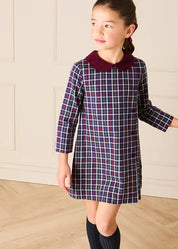 Newton Check Long Sleeve Velvet Collar Dress in Navy (18mths-10yrs) Dresses from Pepa London