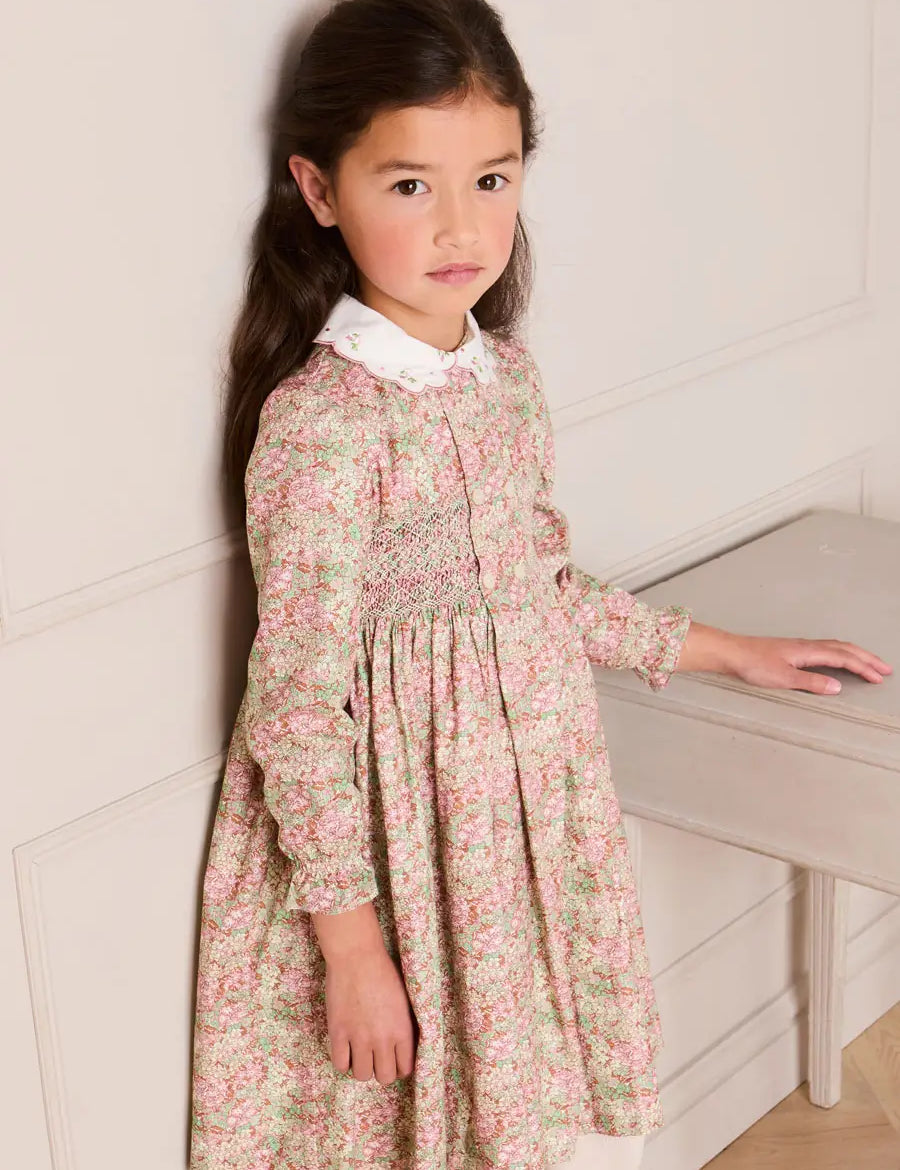 Viola Floral Hand Smocked Double Breasted Embroidered Collar Dress in Green (12mths-10yrs) Dresses from Pepa London