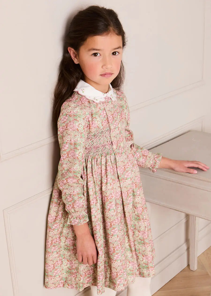 Viola Floral Hand Smocked Double Breasted Embroidered Collar Dress in Green (12mths-10yrs) Dresses from Pepa London
