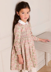 Viola Floral Hand Smocked Double Breasted Embroidered Collar Dress in Green (12mths-10yrs) Dresses from Pepa London