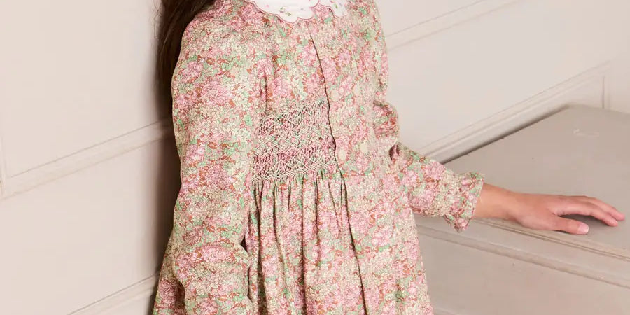Viola Floral Hand Smocked Double Breasted Embroidered Collar Dress in Green (12mths-10yrs) Dresses from Pepa London