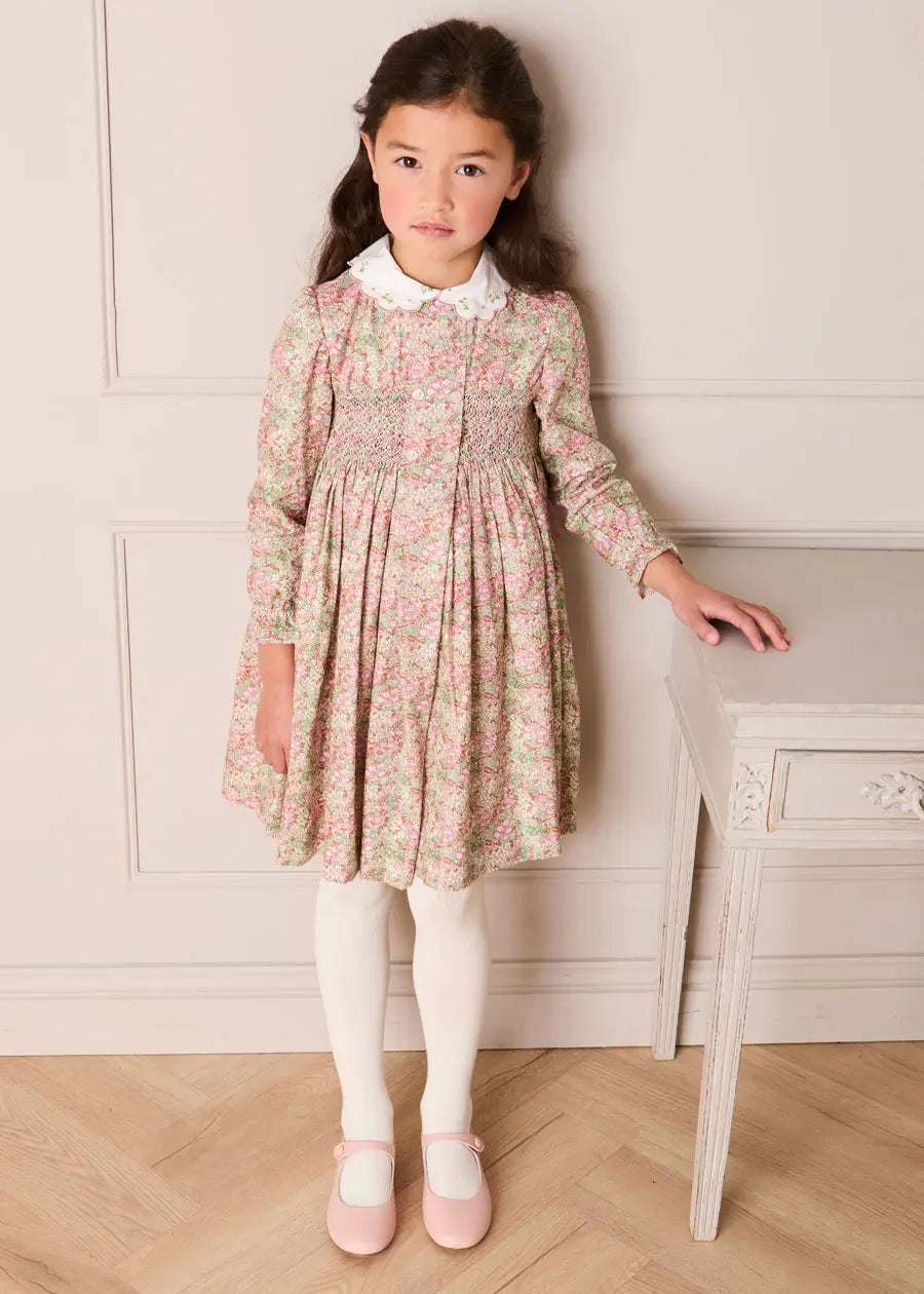 Viola Floral Hand Smocked Double Breasted Embroidered Collar Dress in Green (12mths-10yrs) Dresses from Pepa London